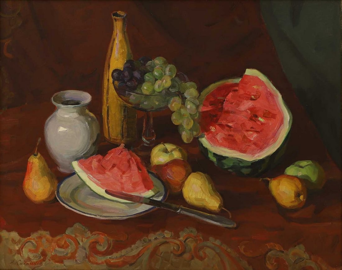 Nikolai Kalmykov (Russian, 1924-1994) Still life of watermelon, grapes and pears: Nikolai Kalmykov (Russian, 1924-1994) Still life of watermelon, grapes and pears signed in Cyrillic and dated '1950' l.l., inscribed verso, oil on canvas (79 x 99cm; framed 90 x 111cm) Condition Repor
