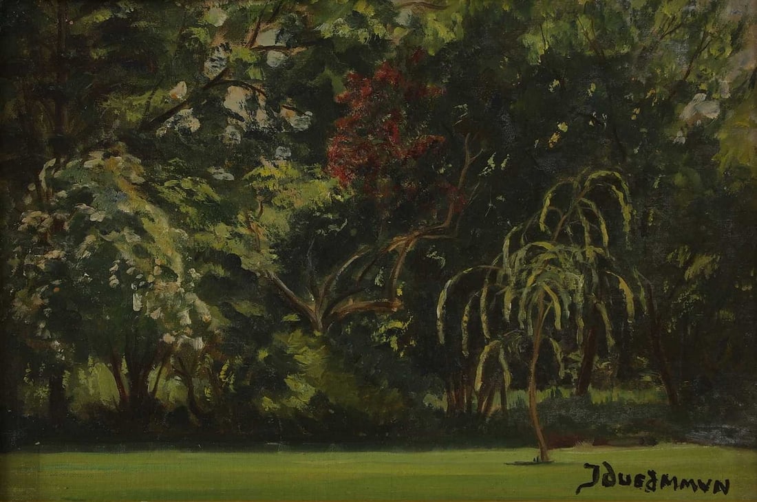 Jean Félix Ducommun (Swiss, 1920-1958) Two wooded landscapes: Jean Félix Ducommun (Swiss, 1920-1958) Two wooded landscapes both signed l.r., oil on canvas laid on board (30 x 40cm; framed 44 x 54cm) (2) Condition Report: Boards slightly bowed. Both works ap