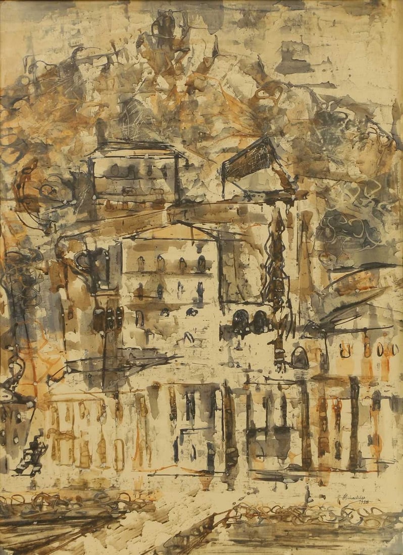 ▲ Michael Michaelides (Cypriot-British, 1923-2015) '`Hydra', Aegean Island: ▲ Michael Michaelides (Cypriot-British, 1923-2015) '`Hydra', Aegean Island signed and dated 'Michaelides/1958' l.r., ink and watercolour (75 x 55cm; framed: 87 x 66.5cm) Footnote: Exhibited: The