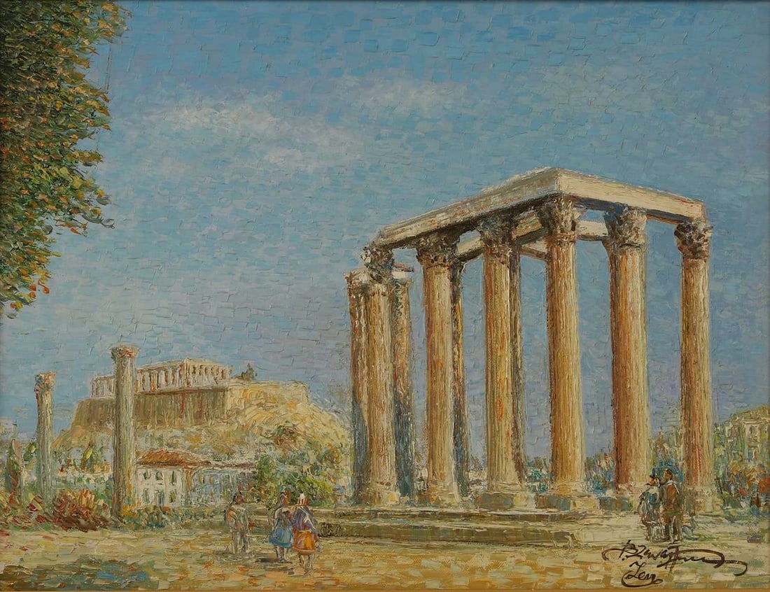 ▲ Vasilis Zenetzis (Greek, 1935-2016) 'Stylae of Olympian Zeus with Acropolis Beyond', 2003: ▲ Vasilis Zenetzis (Greek, 1935-2016) 'Stylae of Olympian Zeus with Acropolis Beyond', 2003 signed in Greek l.l., also signed with monogram and inscribed verso, oil on canvas (40 x 50cm; framed