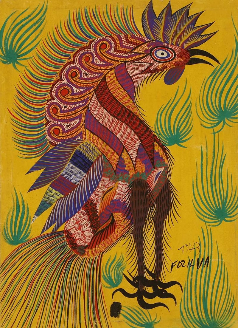 Francisco 'Chico' da Silva (Brazilian, 1910-1985) Galo: Francisco 'Chico' da Silva (Brazilian, 1910-1985) Galo signed 'F D SILVA' and dated '1973' l.r., tempera on canvas (70 x 50cm; framed 73 x 53cm) Condition Report: Canvas tension slightly loose to the