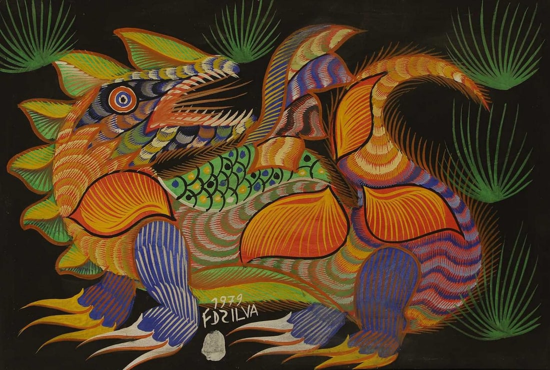 Francisco 'Chico' da Silva (Brazilian, 1910-1985) Dragon: Francisco 'Chico' da Silva (Brazilian, 1910-1985) Dragon signed 'F D SILVA' and dated '1979' l.c., tempera on canvas (43 x 65cm; framed 46.5 x 68cm) Condition Report: Cavas tension slightly loose to t