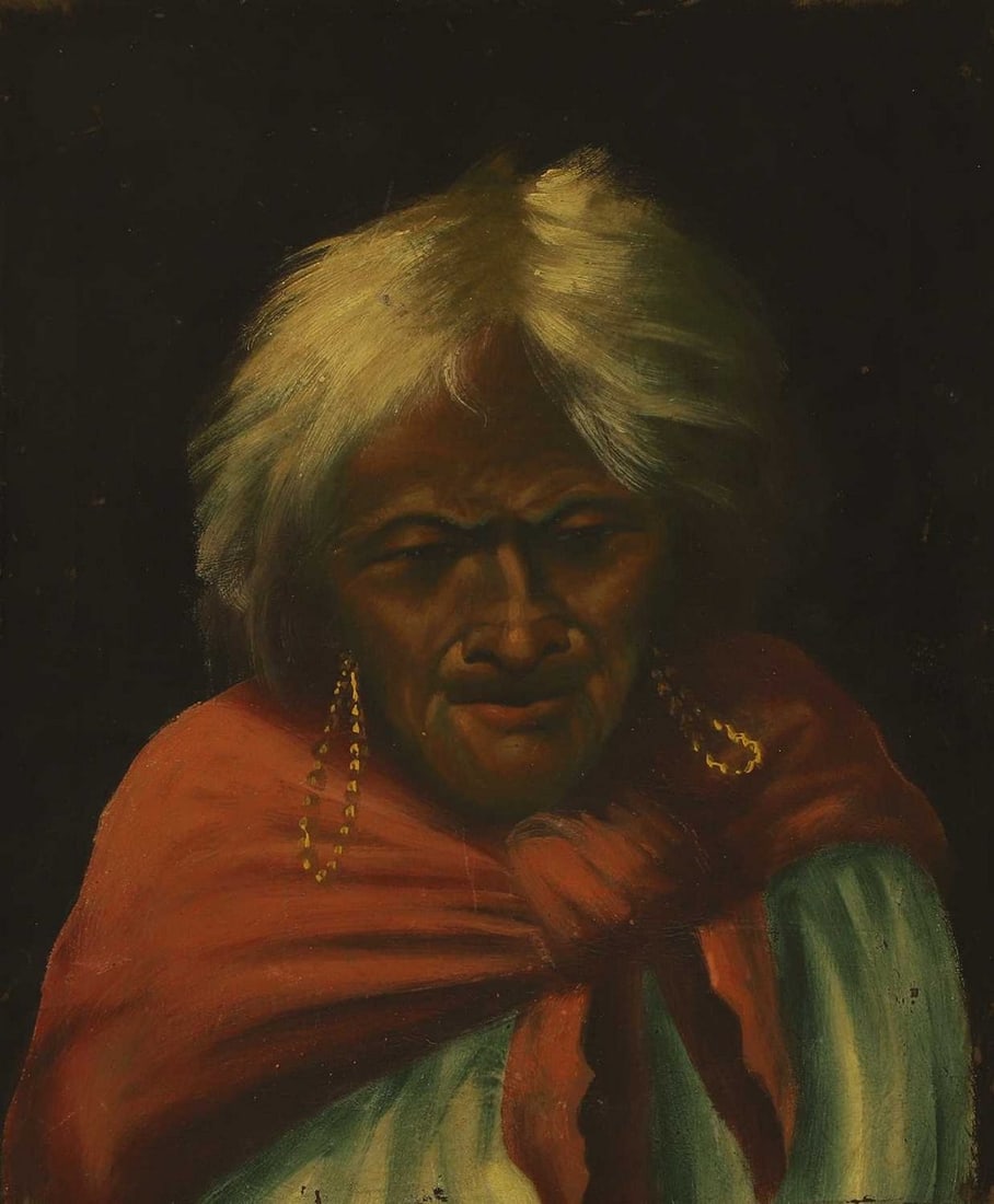 New Zealand School, 20th century Portrait of a Māori woman with moko kauae: New Zealand School, 20th century Portrait of a Māori woman with moko kauae oil on leather (48 x 40cm; unframed) Footnote: This work belongs to a school of Māori portraiture in which artists,