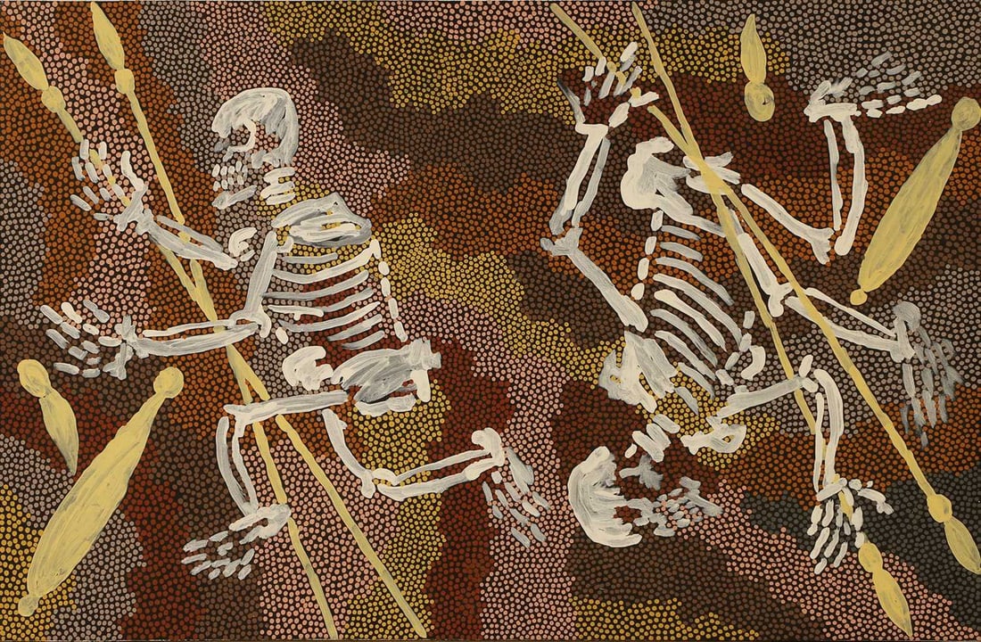 ▲ Clifford Possum Tjapaltjarri (Australian, 1932-2002) 'Bushfire Dreaming': ▲ Clifford Possum Tjapaltjarri (Australian, 1932-2002) 'Bushfire Dreaming' signed and dated 'CLIFFORD POSSUM/1997' verso, acrylic on linen (89 x 135cm; framed 91 x 136cm) (2, painting and certif