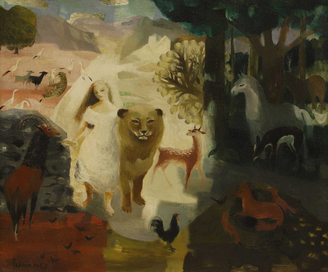 ▲ Mary Fedden RA (British, 1915-2012) 'Peaceable Kingdom': ▲ Mary Fedden RA (British, 1915-2012) 'Peaceable Kingdom' signed and dated 'Fedden 1952' l.l., oil on canvas (66 x 81cm; framed 84 x 96cm ) Provenance: With the Redfern Gallery, London, January