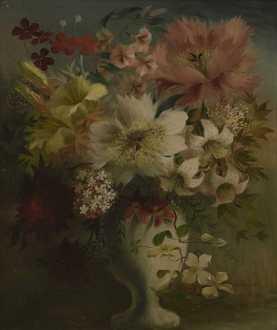 ▲ Mary Fedden RA (British, 1915-2012) A vase of summer flowers: ▲ Mary Fedden RA (British, 1915-2012) A vase of summer flowers signed and dated 'Mary Fedden 1948' l.l., oil on canvas (56 x 46cm; framed 77 x 66cm) Provenance: The estate of the late RDV Garnet