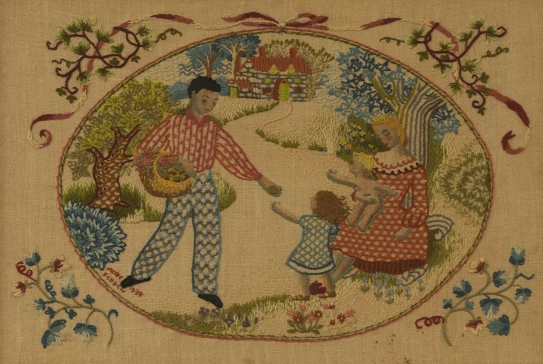 ▲ Mary Fedden RA (British, 1915-2012) A rare embroidery of a family in a garden: ▲ Mary Fedden RA (British, 1915-2012) A rare embroidery of a family in a garden stitch signed and dated 'Mary Fedden 1939' l.l., embroidery thread and gouache on linen (31 x 43cm; framed 34 x 46