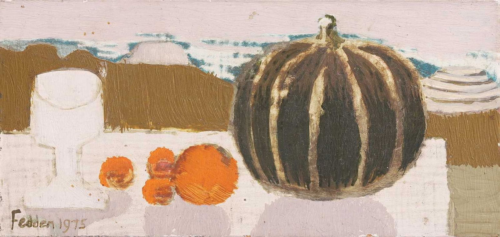 ▲ Mary Fedden RA (British, 1915-2012) Still life with pumpkin: ▲ Mary Fedden RA (British, 1915-2012) Still life with pumpkin signed and dated 'Fedden 1975' l.l., oil on board (7 x 15.5cm; mounted on board 9.5 x 18.5cm) Provenance: The estate of the late RDV