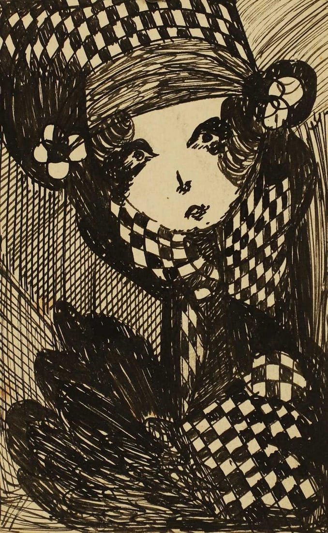 ▲ Madge Gill (British, 1882-1961) Study of a woman in hat: ▲ Madge Gill (British, 1882-1961) Study of a woman in hat pen and ink on postcard (14 x 8.5cm; unframed) Provenance: The collection of Patricia Beger. Condition Report: A few light smudges to fa