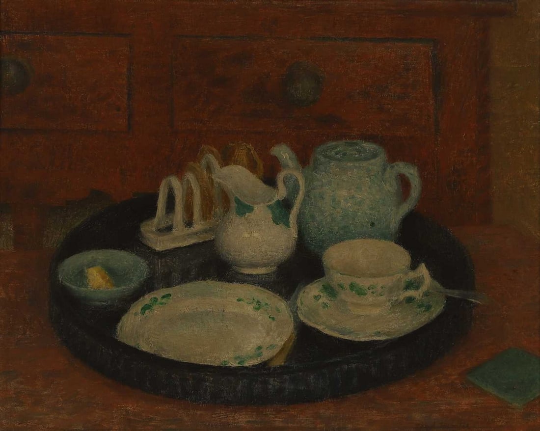 ▲ Dod Procter RA (British, 1890-1972) 'My Breakfast Tray', 1939: ▲ Dod Procter RA (British, 1890-1972) 'My Breakfast Tray', 1939 signed 'Dod Procter' l.r., oil on canvas (51 x 61cm; framed 61 x 71cm) Provenance: The collection of David and Sandy Fuller. Footn