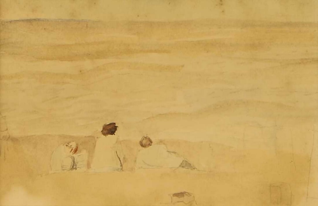 ▲ Mary Potter (British, 1900-1981) Figures on a beach: ▲ Mary Potter (British, 1900-1981) Figures on a beach watercolour over pencil (7 x 10.5cm; framed 22 x 35cm) Condition Report: Fading with foxing starting to emerge. Discolouration in the lower