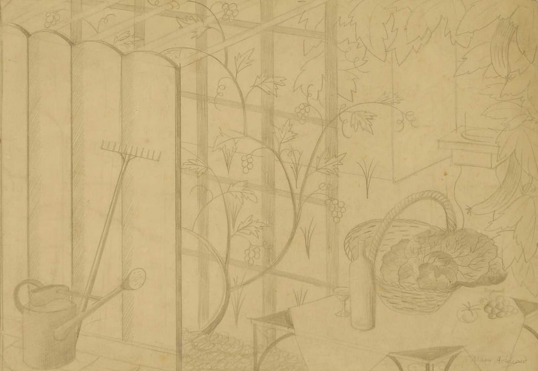 ▲ Mary Adshead (British, 1904-1995) 'Still Life with Trellis Watering Can and Rake', circa: ▲ Mary Adshead (British, 1904-1995) 'Still Life with Trellis Watering Can and Rake', circa 1930s signed 'Mary Adshead' l.r., pencil (22.5 x 30cm; framed 30 x 37.5cm) Provenance: The artist's stu