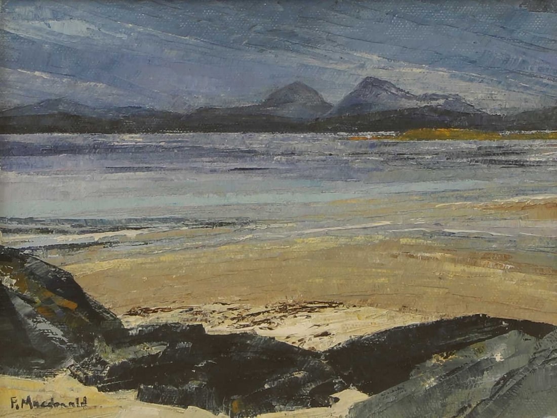 ▲ Frances Macdonald (British, b.1945) 'The Paps of Jura from Kilmory Knap': ▲ Frances Macdonald (British, b.1945) 'The Paps of Jura from Kilmory Knap' signed 'F. Macdonald' l.l., also signed and inscribed with title verso, oil on canvas (20 x 25cm; framed 38 x 43cm) Pro