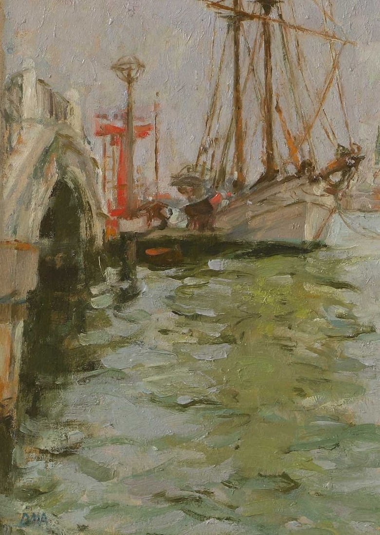▲ Diana Armfield RA (British, b.1920) 'The Training Ship', Venice, 1996: ▲ Diana Armfield RA (British, b.1920) 'The Training Ship', Venice, 1996 signed with initials l.l., oil on board (25.5 x 18.5cm; 38 x 31cm framed) Provenance: With Brandler Galleries, Brentw