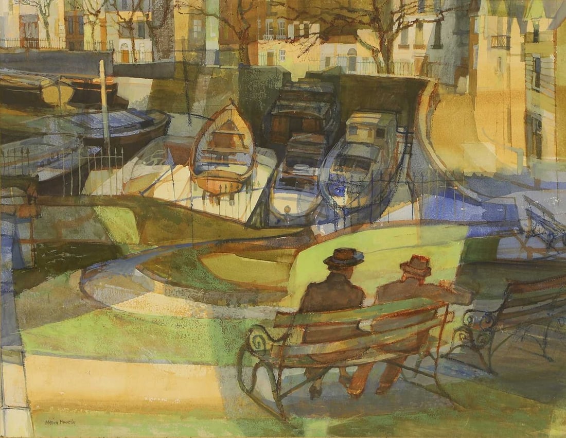 ▲ Moira Huntly (British, b.1932) 'Embankment': ▲ Moira Huntly (British, b.1932) 'Embankment' signed 'Moira Huntly' l.l., watercolour (53 x 66cm; framed 79 x 91cm) Footnote: Exhibited: The Mall Galleries, London, Royal Institute of Painters i