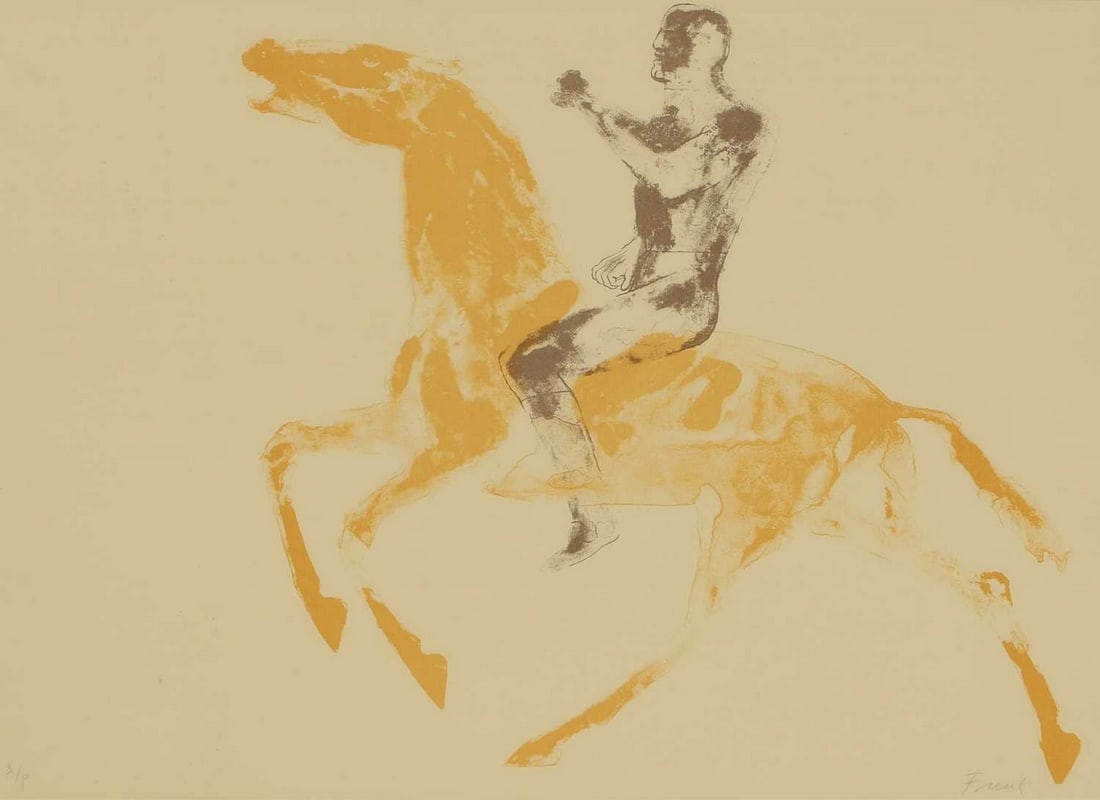 ▲ Dame Elisabeth Frink CH RA (British, 1930-1993) 'Horse and Rider', 1970: ▲ Dame Elisabeth Frink CH RA (British, 1930-1993) 'Horse and Rider', 1970 lithograph in colours, artist's proof aside from the edition 70, signed 'Frink' in pencil l.r., inscribed 'A.P' l.l. (vi