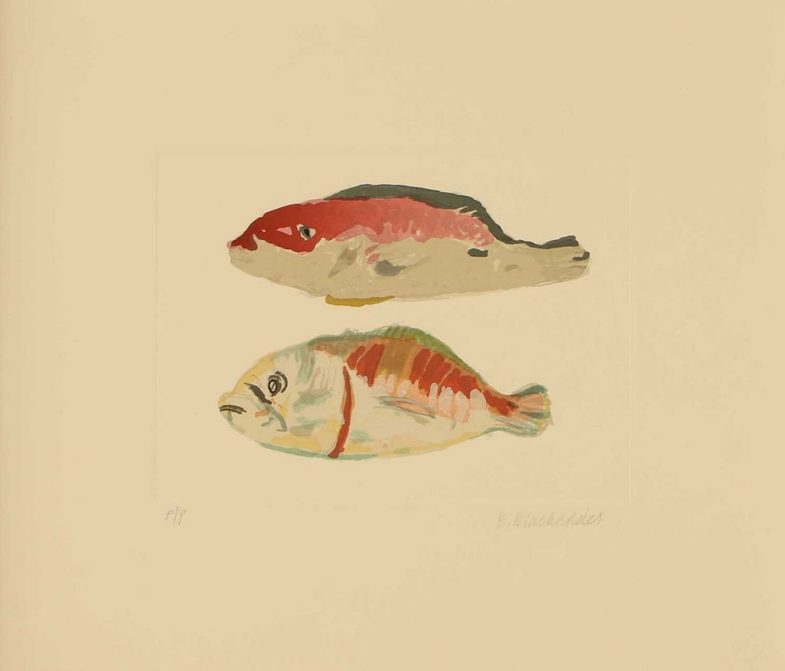 ▲ Elizabeth Blackadder (British, 1931-2021) 'Two Snapper', 2014: ▲ Elizabeth Blackadder (British, 1931-2021) 'Two Snapper', 2014 screenprint in colours, printer's proof, signed 'E. Blackadder' in pencil l.r., inscribed 'P/P' l.l., published by Glasgow Print S