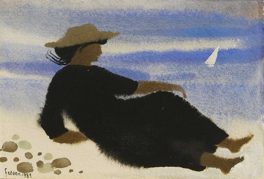▲ Mary Fedden RA (British, 1915-2012) 'Lady on the Shore': ▲ Mary Fedden RA (British, 1915-2012) 'Lady on the Shore' signed and dated 'Fedden 1988' l.l., gouache (14 x 20cm; framed 34.5 x 39.5cm) Footnote: Exhibited: Portland Gallery, London, 'Mary Fedd