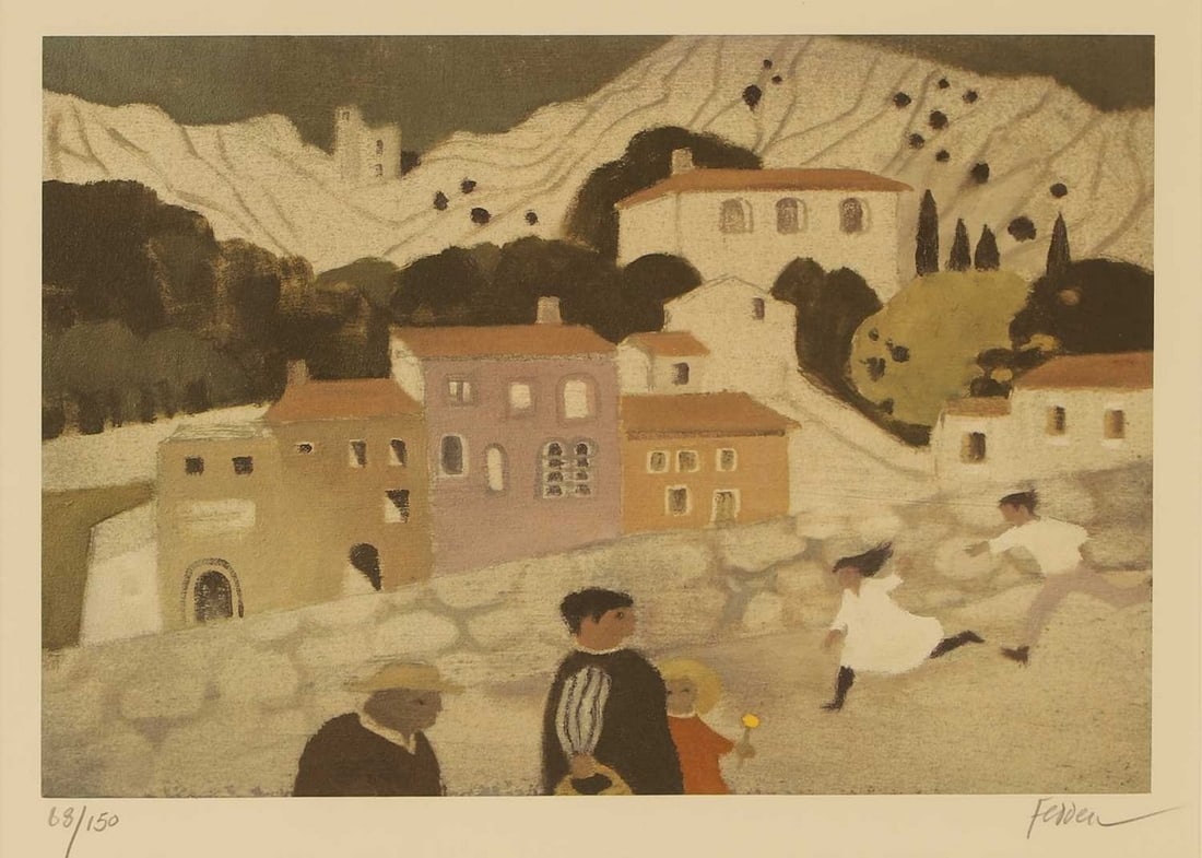 ▲ Mary Fedden RA (British, 1915-2012) 'Oppede Le Vieux': ▲ Mary Fedden RA (British, 1915-2012) 'Oppede Le Vieux' lithograph in colours, signed 'Fedden' in pencil l.r. and numbered 68/150 (image 27 x 36cm; framed 51 x 59cm) Provenance: With the Fry Art