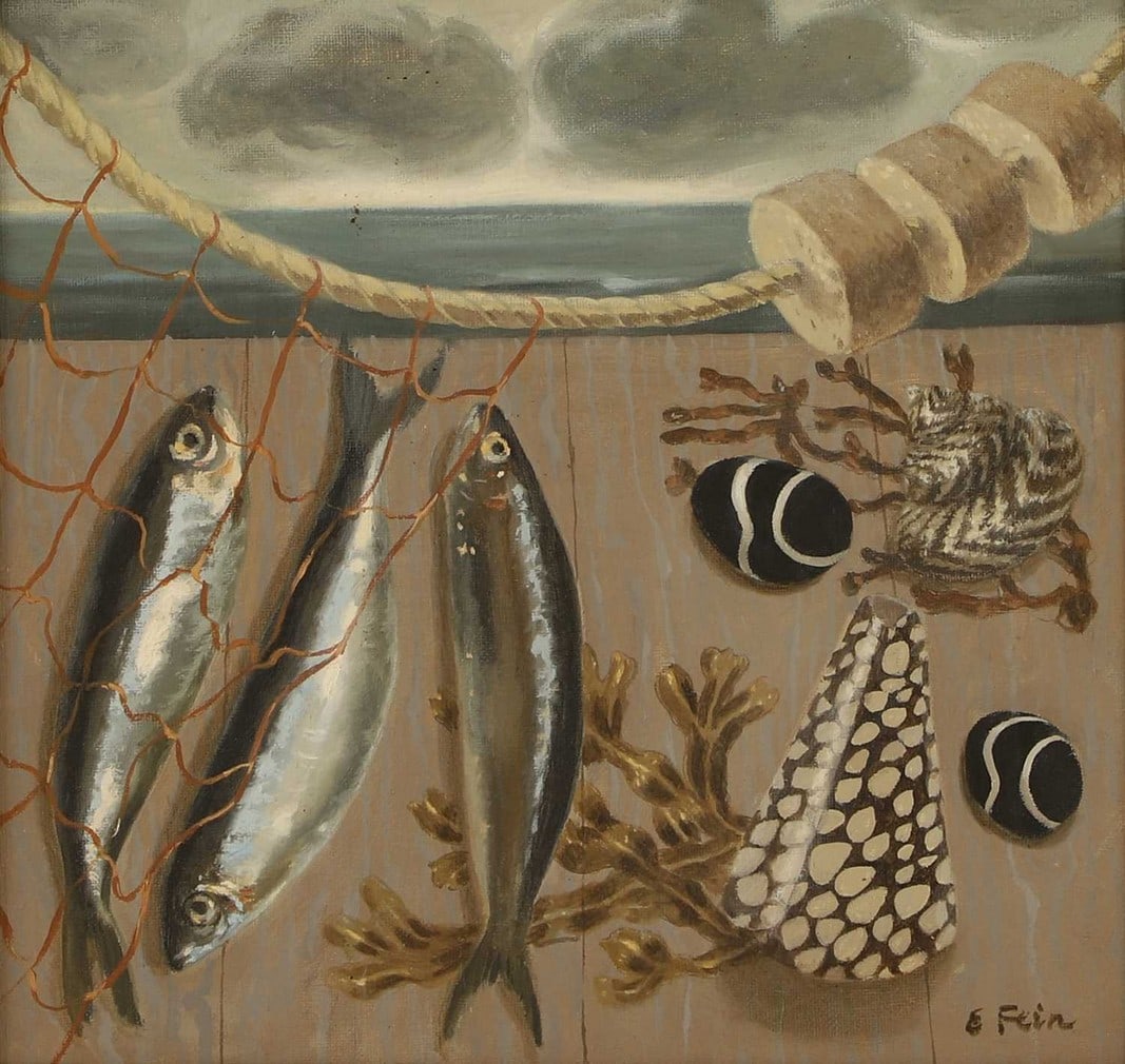 ▲ Eleanor Fein (British, b.1940) 'The Catch': ▲ Eleanor Fein (British, b.1940) 'The Catch' signed 'E Fein' l.r., oil on canvas (30 x 30cm; framed 40 x 40cm) Provenance: With Bohun Gallery, Henley-on-Thames. Footnote: Eleanor Fein was recomm