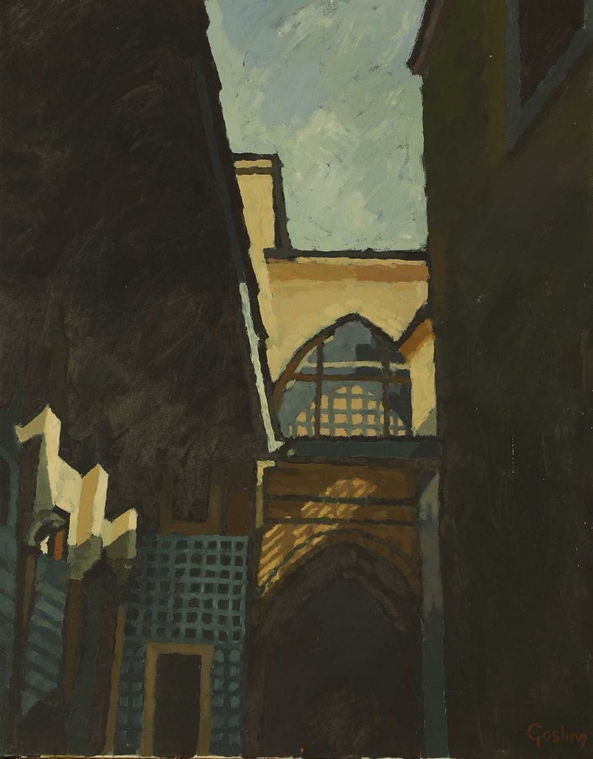 ▲ Annabel Gosling (British, b.1942) Blue sky between buildings: ▲ Annabel Gosling (British, b.1942) Blue sky between buildings signed 'Gosling' l.r., oil on canvas (60.5 x 45.5cm; framed 63 x 47.5cm) Condition Report: Spotting to reverse. 4cm scratch to righ
