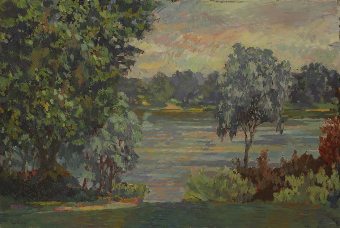 ▲ Annabel Gosling (British, b.1942) A view of a lake: ▲ Annabel Gosling (British, b.1942) A view of a lake signed 'Gosling' l.l., oil on canvas (59 x 71cm; unframed) Condition Report: Light surface dirt and spotting to lower left quarter. There is