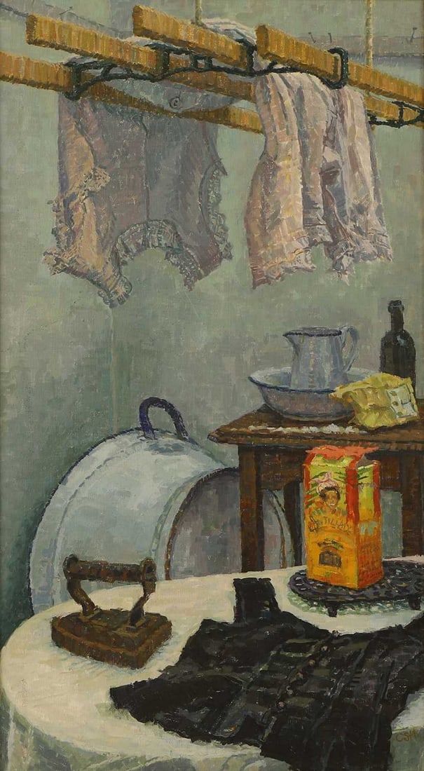 ▲ Clova Stuart-Hamilton (British, b.1959) 'La Blanchisseuse de Fin': ▲ Clova Stuart-Hamilton (British, b.1959) 'La Blanchisseuse de Fin' signed with initials l.r., also signed and inscribed ' 'Clova Stuart Hamilton/L'Assomoir Series (iv)' verso, oil on canvas (10