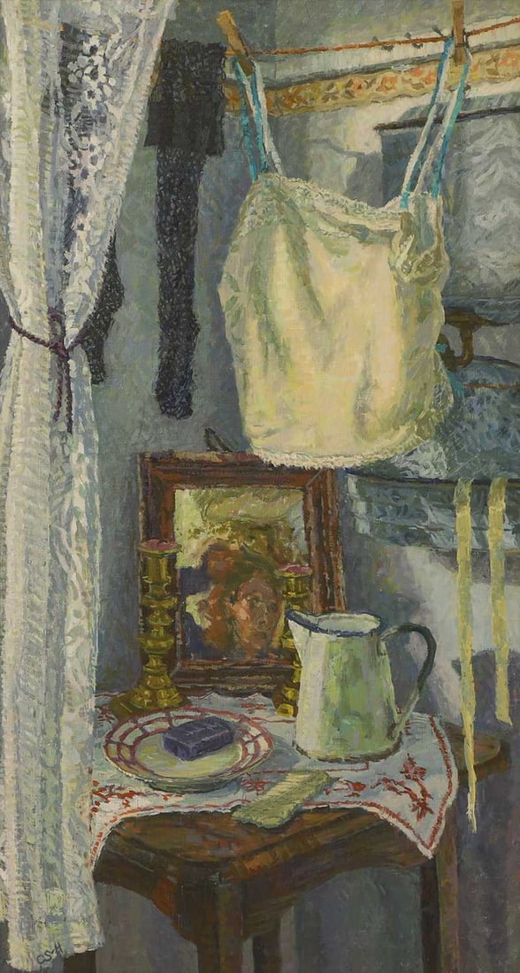 ▲ Clova Stuart-Hamilton (British, b.1959) La Chambre de Gervaise: ▲ Clova Stuart-Hamilton (British, b.1959) La Chambre de Gervaise signed with initials l.l., also signed and inscribed 'Clova Stuart Hamilton/L'Assomoir Series (i)' verso, oil on canvas (102 x 55