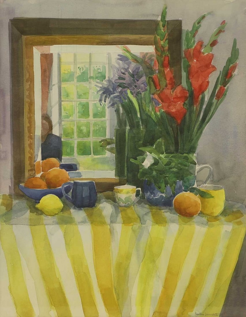 ▲ Karolina Larusdottir (Icelandic, 1944-2019) Still life with mirror and a reflection of the: ▲ Karolina Larusdottir (Icelandic, 1944-2019) Still life with mirror and a reflection of the artist signed and dated 'Karolina Larusdottir '89' l.r., watercolour over pencil (72 x 53cm; framed 9