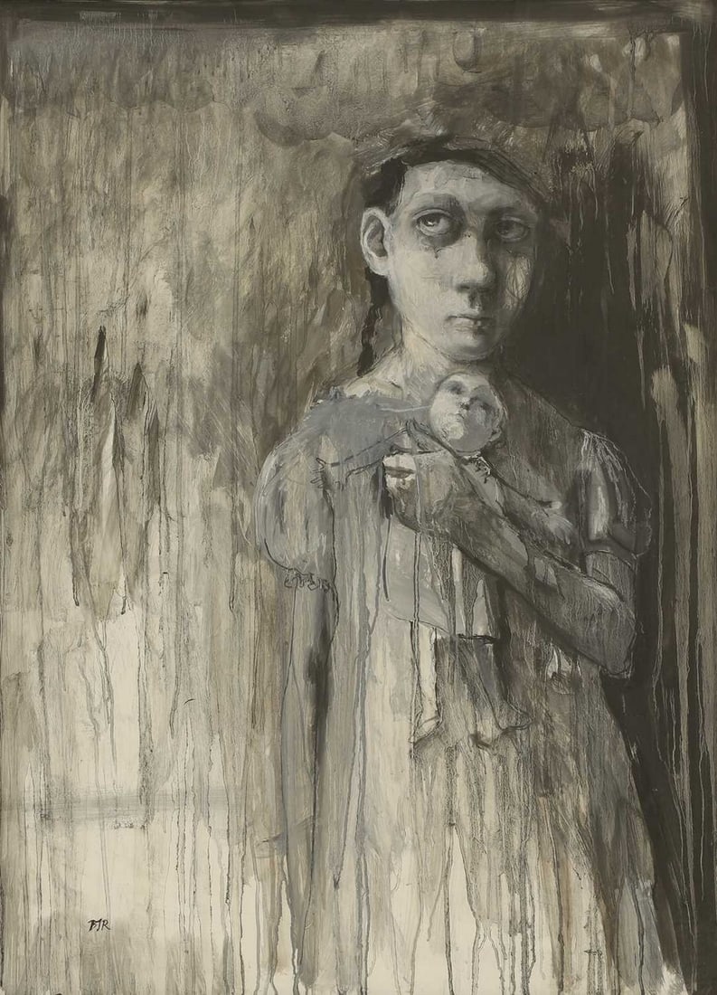 ▲ Bobbie Russon (British, b.1966) Girl with doll: ▲ Bobbie Russon (British, b.1966) Girl with doll signed with initials l.l., mixed media on board (100 x 69cm; framed 105 x 75cm) Condition Report: Presents well. Not viewed out of glazed frame.