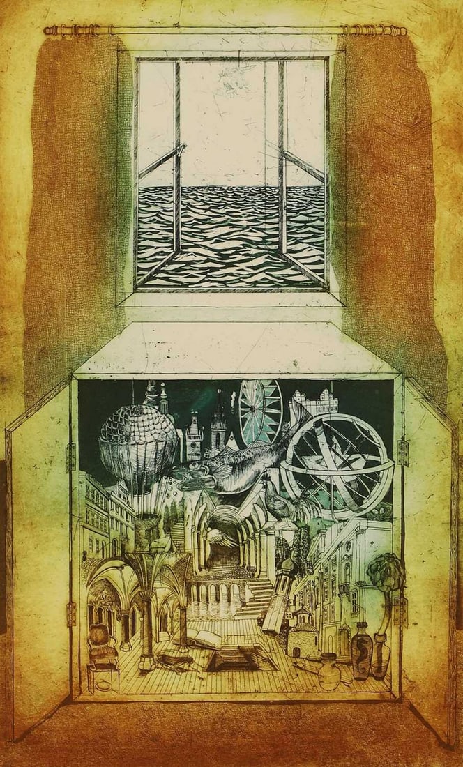 ▲ Mila Judge-Fürstová (Czech, b.1975) 'Inside and Outside': ▲ Mila Judge-Fürstová (Czech, b.1975) 'Inside and Outside' etching in colours, artist's proof, signed and dated 'Mila Judge-Furstova 2000' in pencil l.r., inscribed with title and 'A/P