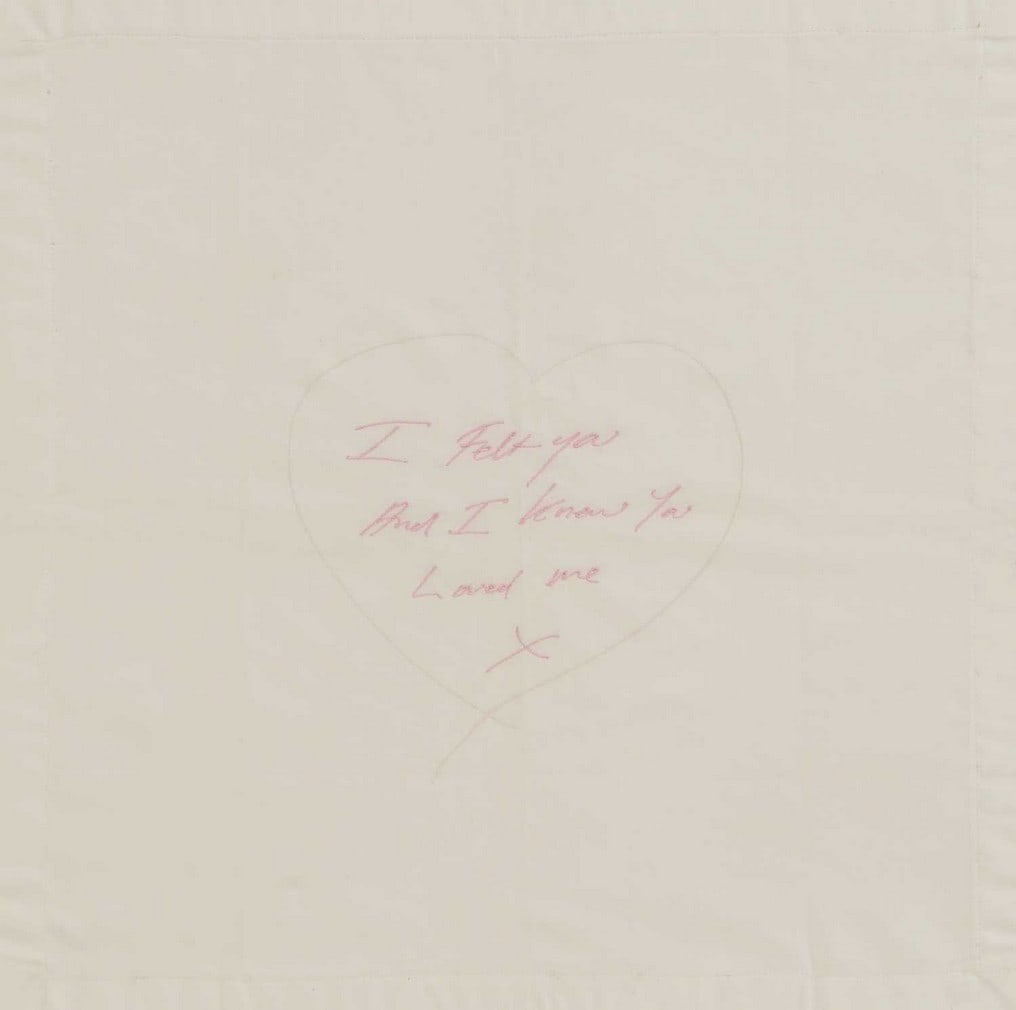 ▲ Tracey Emin RA (British, b.1963) 'I Felt You But I Know You Loved Me' (pink), 2012: ▲ Tracey Emin RA (British, b.1963) 'I Felt You But I Know You Loved Me' (pink), 2012 machine embroidery on cotton napkin, with a swing tag signed, inscribed and dated 'With you in mind/Tracy Emi
