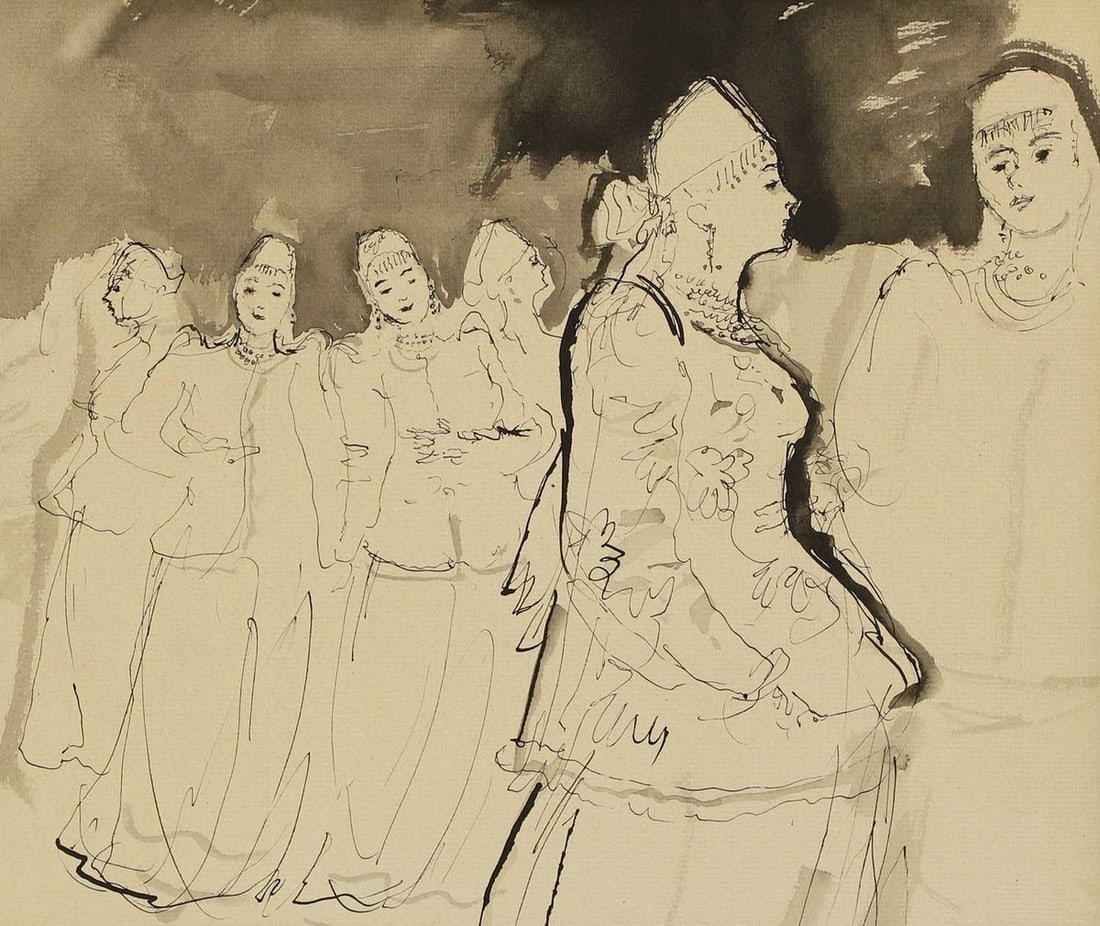 ▲ John Stanton Ward RA (British, 1917-2007) The Beryozka Russian Dance Company at the Stoll: ▲ John Stanton Ward RA (British, 1917-2007) The Beryozka Russian Dance Company at the Stoll Theatre, London, 1954 pen and ink and wash (26.5 x 30.5cm; framed 43 x 46.5cm) Provenance: Gifted by t