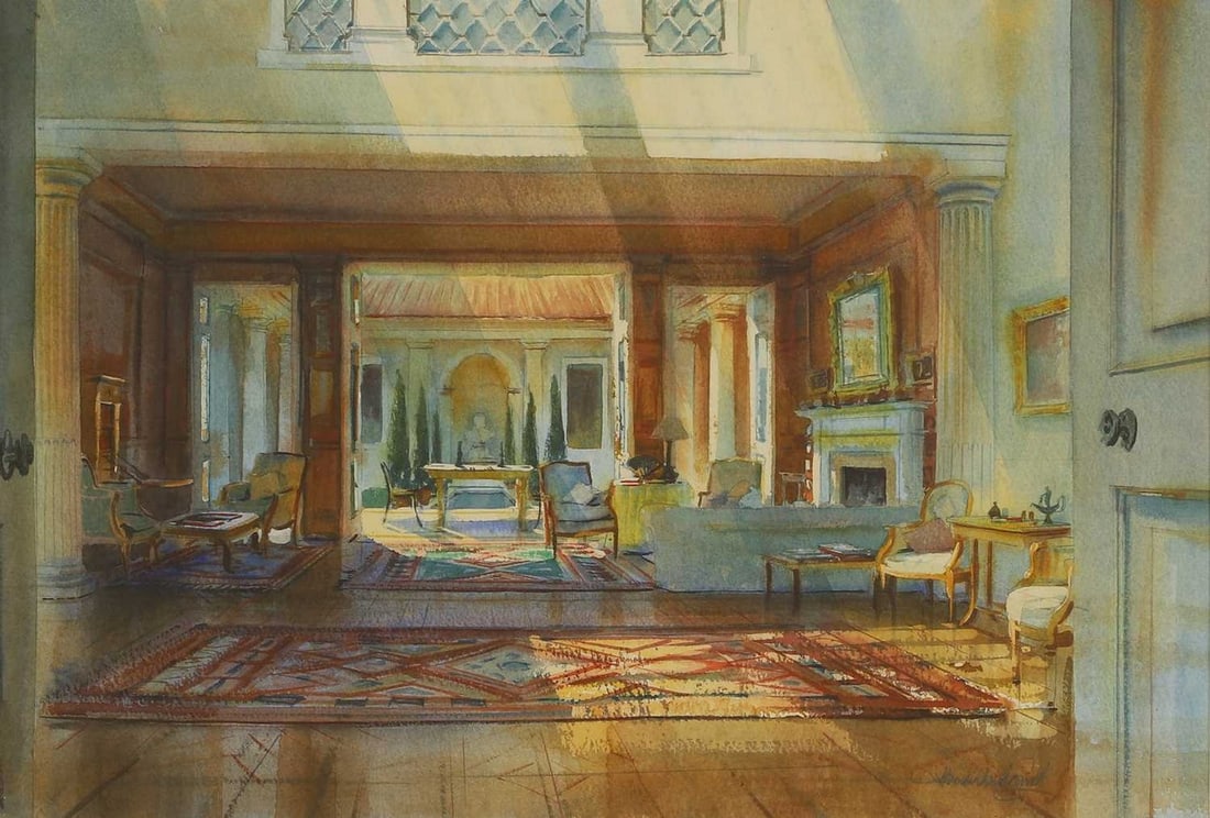 ▲ Alexander Creswell (British, b.1957) 'The Interior of a Pompeian House in Chelsea': ▲ Alexander Creswell (British, b.1957) 'The Interior of a Pompeian House in Chelsea' signed 'Alexander Creswell' l.r., titled on artist's label verso, watercolour over pencil (37 x 52cm; framed