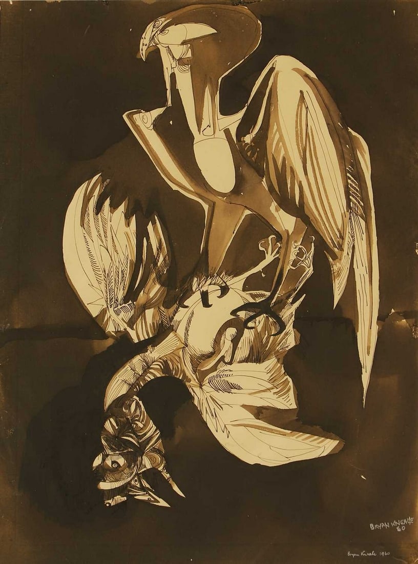 ▲ Bryan Kneale RA (British, 1930-2025) 'Bird of Prey with Kill', 1960: ▲ Bryan Kneale RA (British, 1930-2025) 'Bird of Prey with Kill', 1960 signed and dated 'BRYAN KNEALE '60' and 'Bryan Kneale 1960' l.r., pen and brown ink and wash (49.5 x 34cm; framed 63 x 47cm)