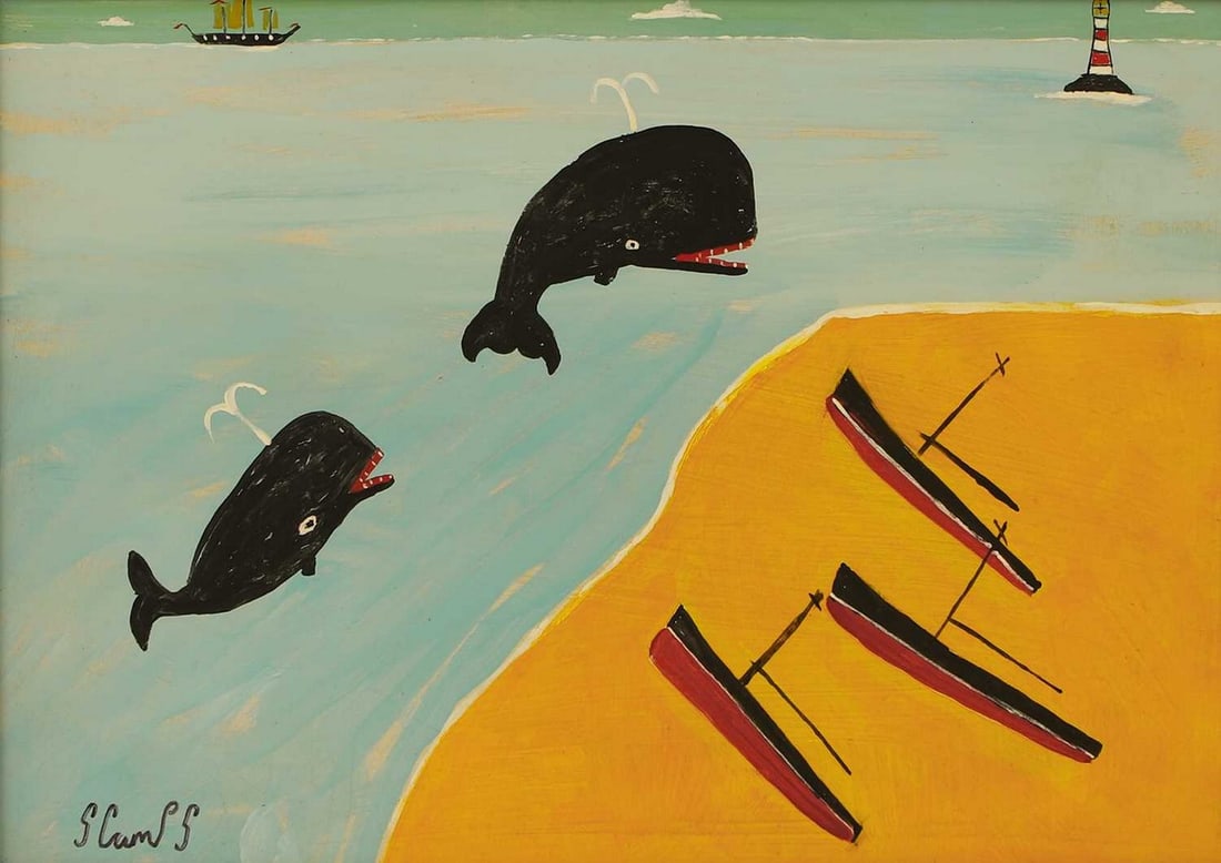 ▲ Steve Camps (British, b.1957) Leaping whales and beach: ▲ Steve Camps (British, b.1957) Leaping whales and beach signed 'S Camps' l.l., dated '2024' with a sketch of a whale verso, acrylic on board (29.5 x 41cm; framed 37 x 49cm) Condition Report: A