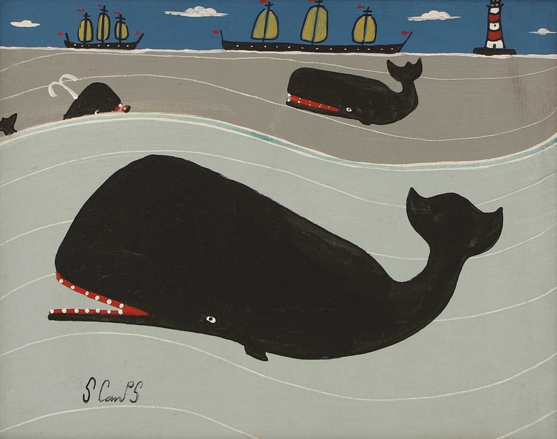 ▲ Steve Camps (British, b.1957) Whale dance: ▲ Steve Camps (British, b.1957) Whale dance signed 'S Camps' l.l., also signed and dated '2024' with a sketch of a whale verso, acrylic on board (23.5 x 30cm; framed 36.5 x 42.5cm) Condition Rep