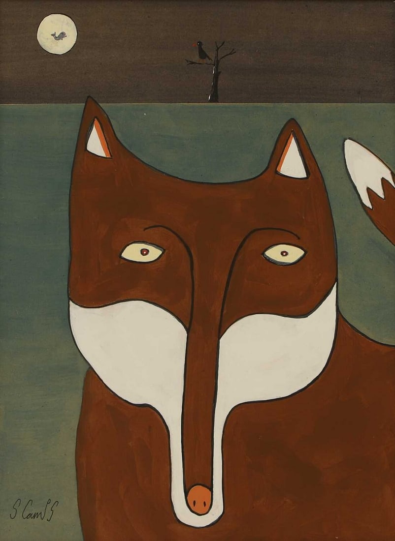 ▲ Steve Camps (British, b.1957) Fox under the light of a full moon: ▲ Steve Camps (British, b.1957) Fox under the light of a full moon signed 'S Camps' l.l., also signed and dated '2024' with a sketch of a whale verso, acrylic on board (40.5 x 30.5cm; framed 47.