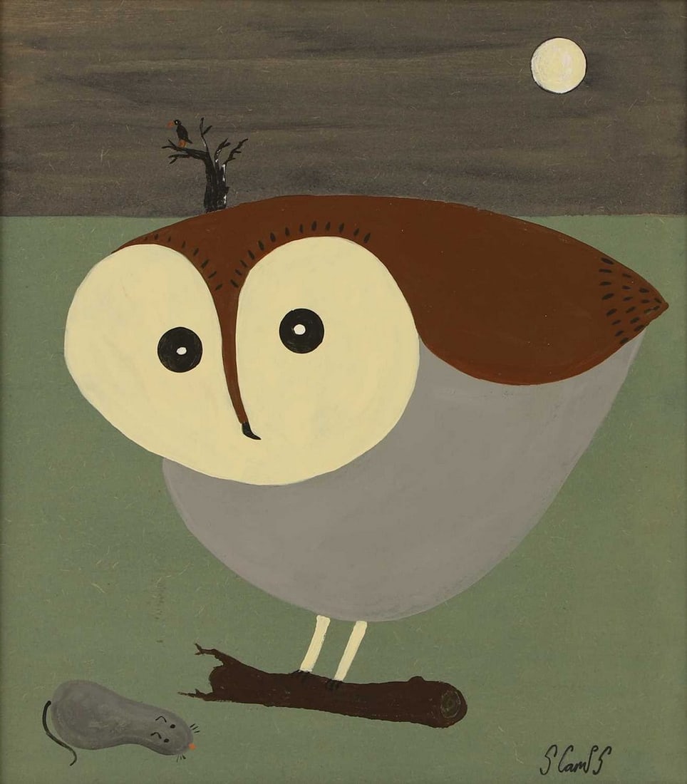 ▲ Steve Camps (British, b.1957) Owl and mouse: ▲ Steve Camps (British, b.1957) Owl and mouse signed 'S Camps' l.r., also signed and dated '2024' with a sketch of a whale verso, acrylic on board (43 x 38cm; 50 x 45cm) Condition Report: Presen