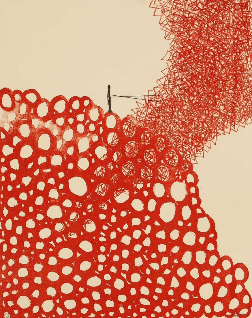 Chiharu Shiota (Japanese, b.1972) 'In Tune with the Universe', 2020: Chiharu Shiota (Japanese, b.1972) 'In Tune with the Universe', 2020 lithograph in colours with black thread, signed in pencil l.r., numbered 65/80 (sheet 65 x 50cm; unframed) Condition Report: There a