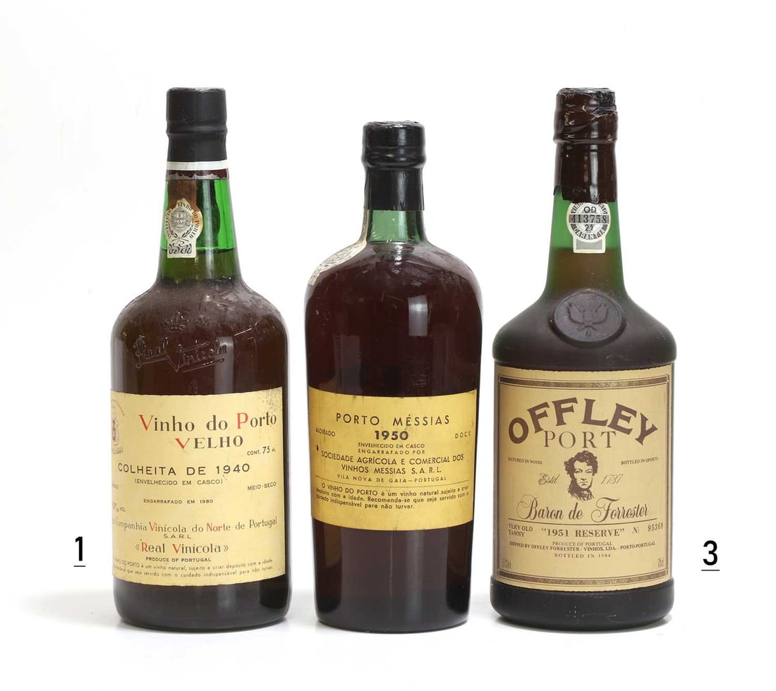 A selection of Colheita and Tawny Ports,: A selection of Colheita and Tawny Ports, comprising 1 x Real Vinicola, Vinho do Porto Velho, Colheita, 1940, 1 x Porto Messias, Colheita, 1950 and 1 x Offley, Baron de Forrester, tawny port, 1951