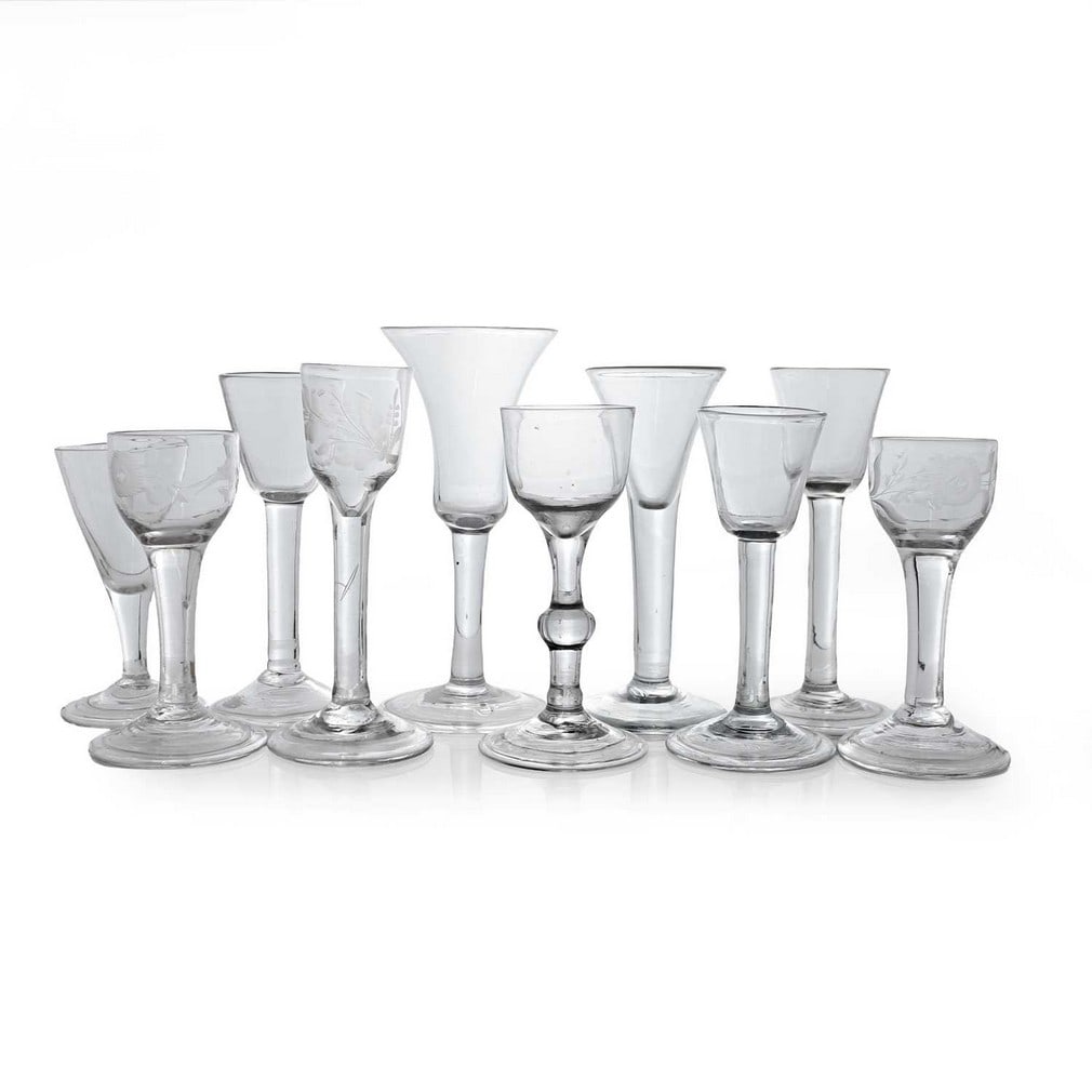 A group of ten plain stem wine glasses, circa 1740, (1 of 3)