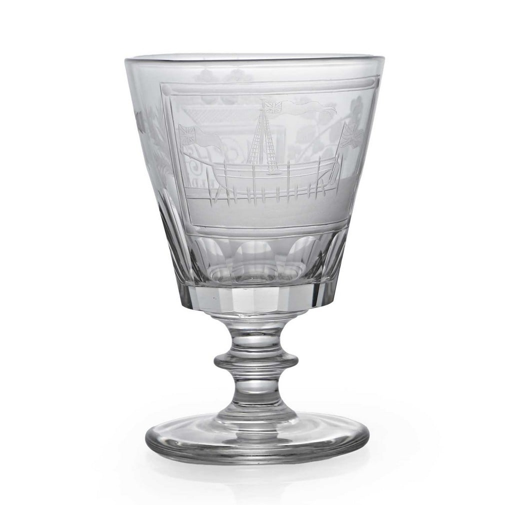An engraved glass rummer, circa 1830, North-East England,: An engraved glass rummer, circa 1830, North-East England, of Sunderland type, the bucket bowl engraved with a ship in a shipwright's yard, engraved 'WJH' and 'GRUFFIELD' to the reverse (9cm diameter,
