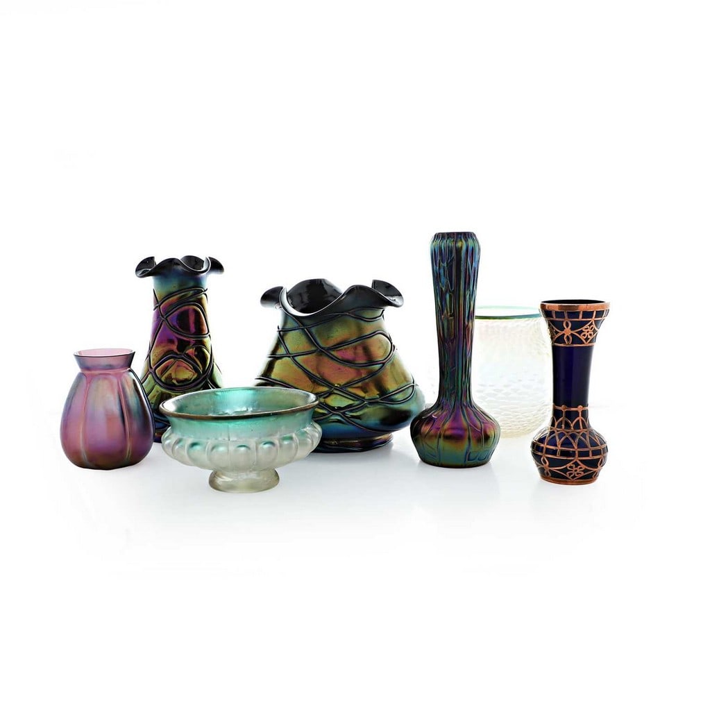 A collection of seven glass items, late 19th-early 20th century, Bohemian, to include Kralik and (1 of 2)