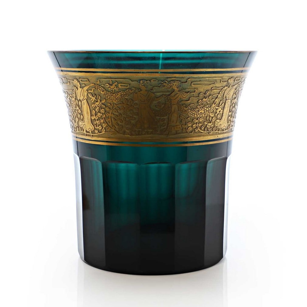 A Bohemian glass vase, circa 1920,: A Bohemian glass vase, circa 1920, in the manner of Moser, decorated with an oroplastic gilt band to a green ground, (15cm high)