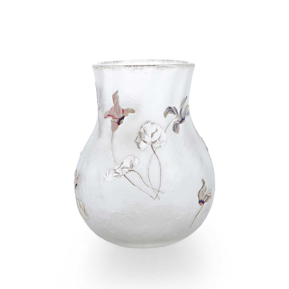 A Legras acid-etched and enamelled glass vase, circa 1900,: A Legras acid-etched and enamelled glass vase, circa 1900, of lobed globe and shaft form, etched, gilt, and enamelled with flowers (19.5cm long)