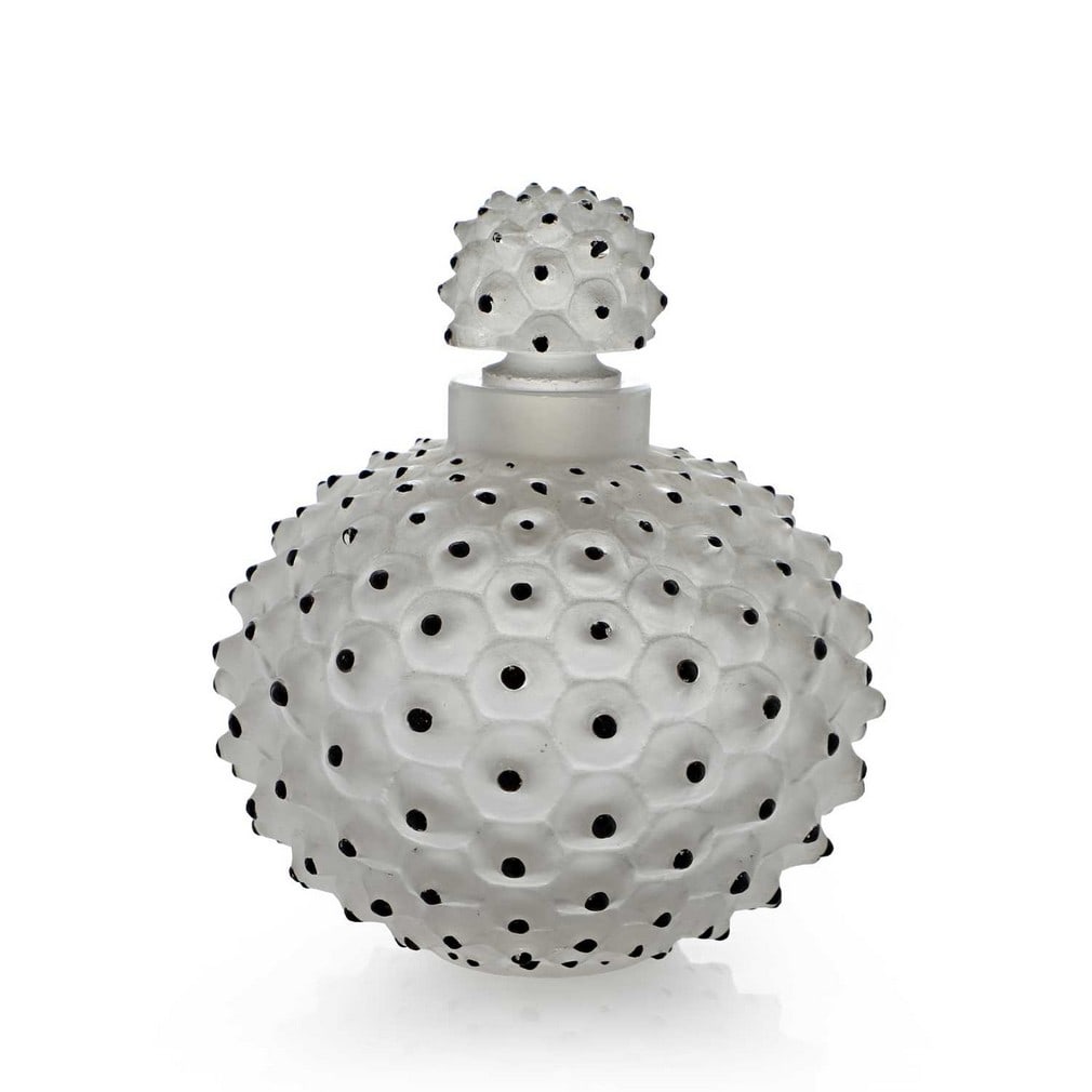 René Lalique (French, 1860-1945), a 'Cactus' scent bottle,: René Lalique (French, 1860-1945), a 'Cactus' scent bottle, moulded, frosted and enamelled glass, with engraved signature 'R. Lalique France' (8.7cm wide, 8.7cm deep, 9.5cm high)