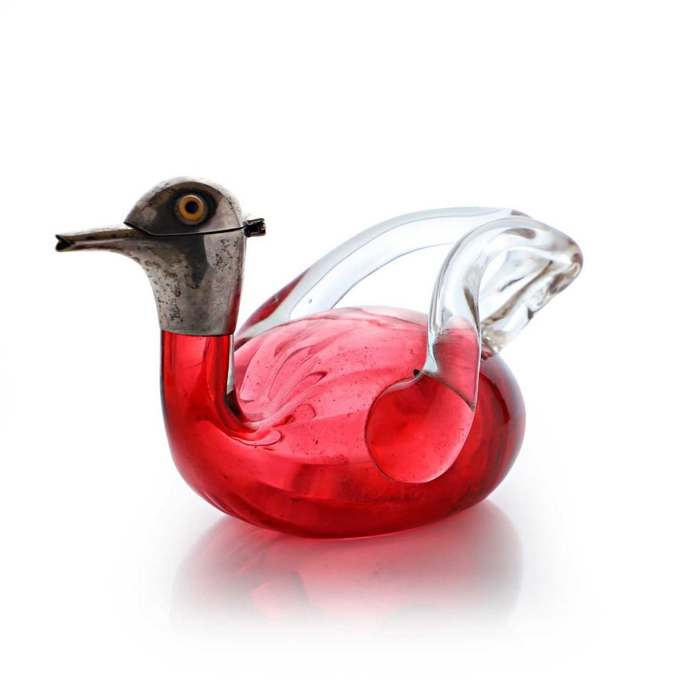 A silver-moulded cranberry glass oil pourer, by Hukin & Heath Ltd., Birmingham, 1919, (1 of 2)