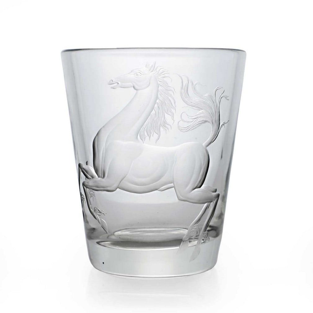 An engraved glass vase, circa 1930, Czech,: An engraved glass vase, circa 1930, Czech, engraved with a rearing horse (13.8cm high) Condition Report: Small pinhead nibbles to the edge of the foot rim.