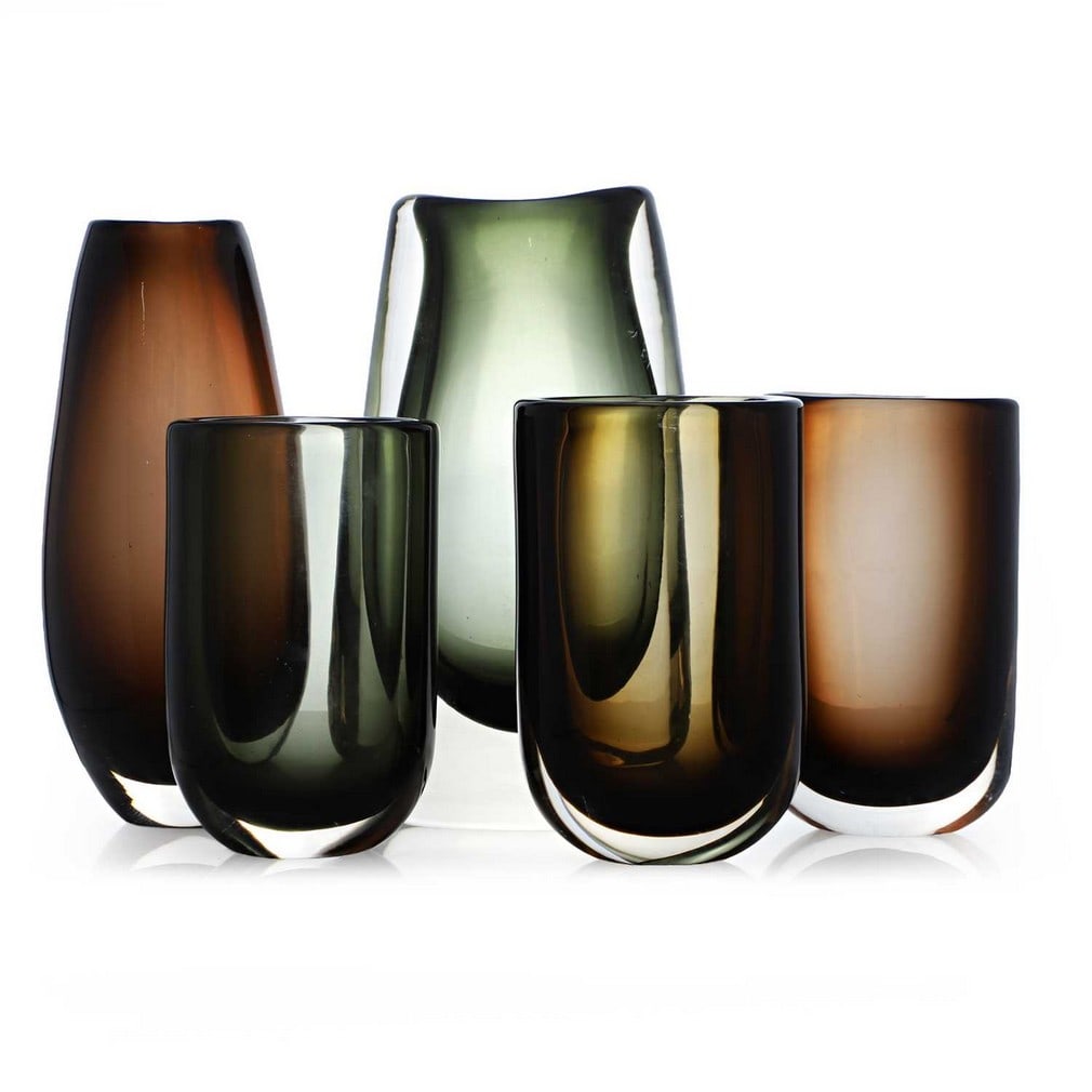 Geoffrey Baxter (British, 1922-1995) for Whitefriars, five vases, Nos. 9654, 9653 and 9651, circa: Geoffrey Baxter (British, 1922-1995) for Whitefriars, five vases, Nos. 9654, 9653 and 9651, circa 1970, in Cinnamon and Willow, blown and cased glass (largest 16cm wide, 7.5cm deep, 25cm high) (5) Con